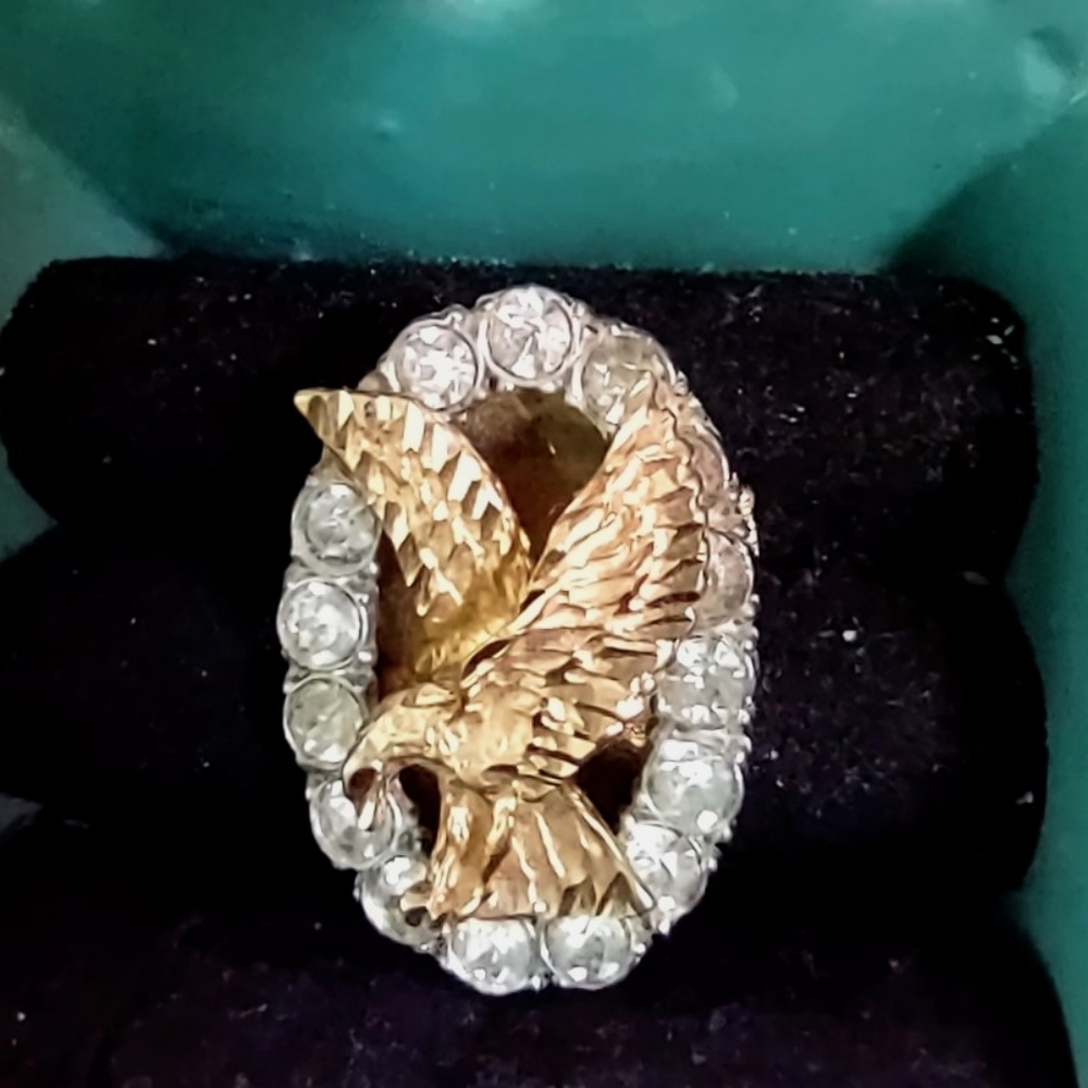 Gold American Eagle in White Crystal Rhinestone Brooch Upcycled Vintage